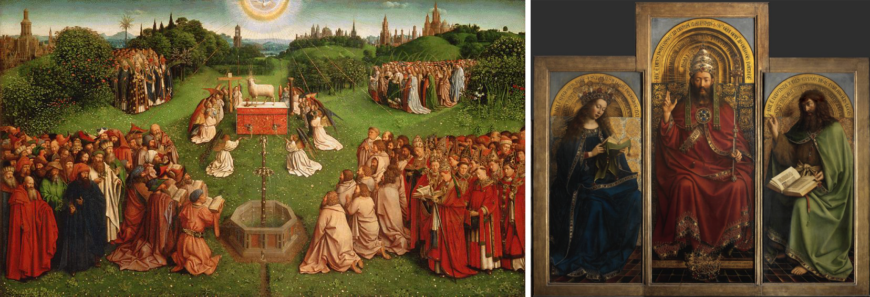 Left: Adoration of the Mystic Lamb, bottom center panel, Jan van Eyck, Ghent Altarpiece (open), completed 1432, oil on wood, 11 feet 5 inches x 15 feet 1 inch (open), Saint Bavo Cathedral, Ghent, Belgium (photo: Closer to Van Eyck); right: The Virgin Mary, God the Father/Christ,* and St. John the Baptist, top center panels, Jan van Eyck, Ghent Altarpiece, completed 1432, oil on wood, 11 feet 5 inches x 15 feet 1 inch (open), Saint Bavo Cathedral, Ghent, Belgium (photo: Closer to Van Eyck)